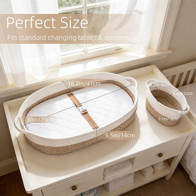 Baby Changing Basket with Diaper Caddy Changing Pad, Breathable & Waterproof Dual-Cover Foldable Portable Travel Cotton Rope Baby Changing Mat for Dresser & Table