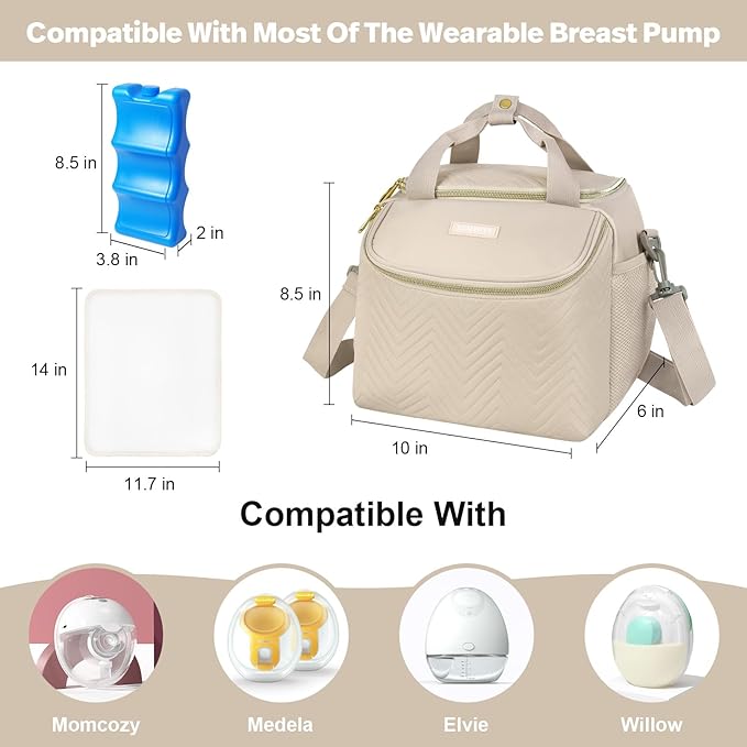 Wearable Breast Pump Bag,Breastmilk Cooler Travel Bag Compatible with Momcozy/Eufy/Elvie/Willow/Medela Breast Pump with Ice Pack and Water Resistent Mat for 6 Baby Bottles Up to 9 Ounce,Khaki