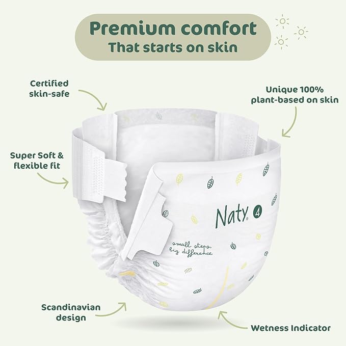 Naty BioEmbrace Baby Diapers | Sensitive Skin Safe Certified | Leak Protection up to 100% | Plant-Based Softness, Premium Comfort | Chlorine-Free | Size 4 (15–40 lbs), 88 Count