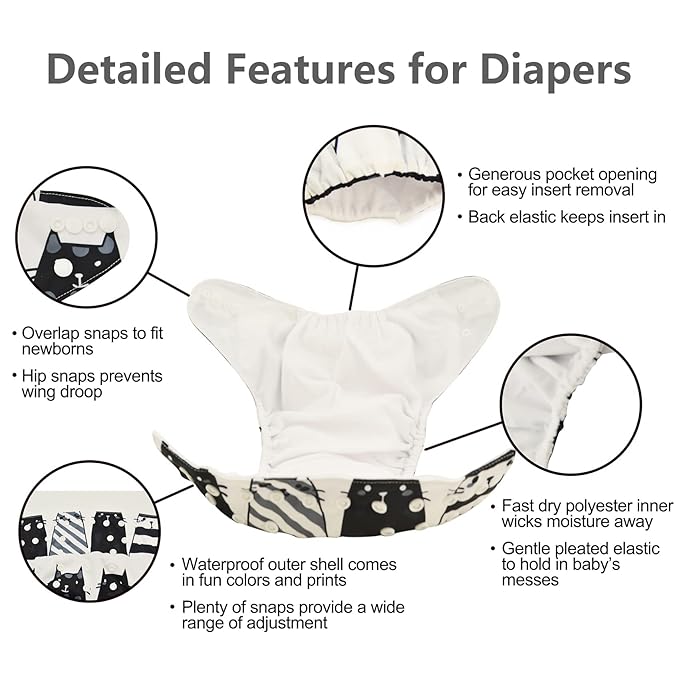 babygoal Baby Cloth Diapers 6 Pack with 6pcs Rayon from Bamboo Inserts and Wet Bag, One Size Reusable Washable Pocket Nappy Covers for Infant Boys and Girls