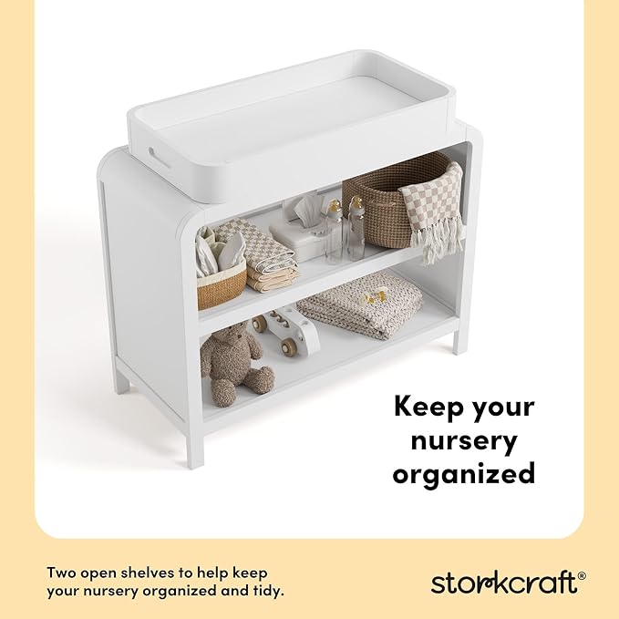 Storkcraft Santos Changing Table (White) – GREENGUARD Gold Certified Baby Changing Table, Solid Wood Construction, Removable Topper Fits Standard-Size Changing Pad