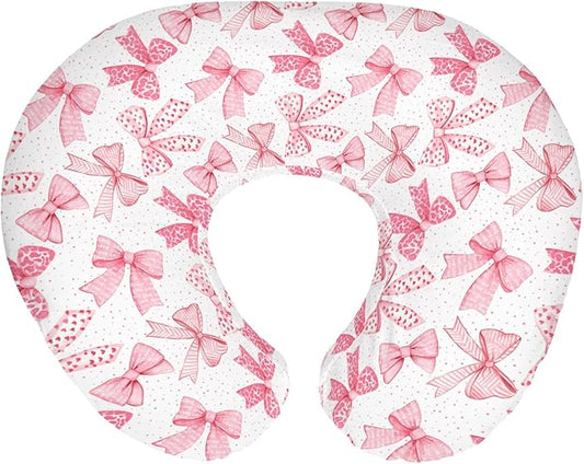 Pink Bows Baby Nursing Pillow Covers for Girl Pink Hair Bows Leopard Stripes Nursing Slipcovers for Breastfeeding Pillows Valentine Hearts Love Soft Stretchy Removable Cover for Newborn Infant