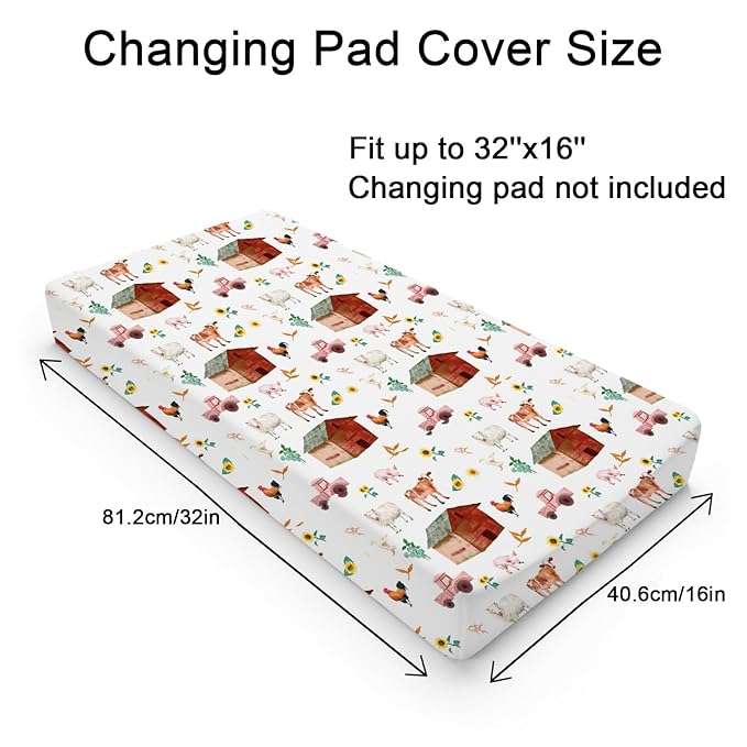 Watercolor Farm Animals Changing Pad Cover Barn Cow Lamb Chicken Pig Hen Duck Tractor Diaper Change Table Cover Sheets for Boys Girls Soft Stretchy Fitted Changing Mat Sheets 32''x16''