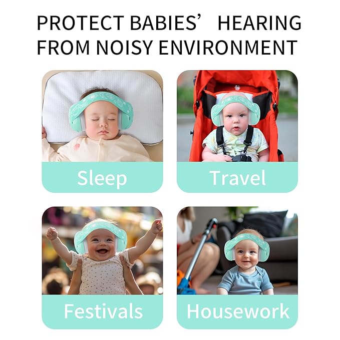 LYSIAN Baby Earmuffs for Infants & Toddlers 3 Months-3 Years, 25dB SNR Noise Reducing Hearing Protection with Elastic Headband for Travel, Airplanes, Outings and Fireworks, Aqua