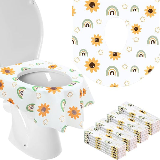 50 Pack Toilet Seat Covers Disposable Large Waterproof Toilet Covers for Toddlers Kids Adult Individually Wrapped Portable for Travel Toddler Potty Training for Public Restroom Trip(Flowers, Rainbow)