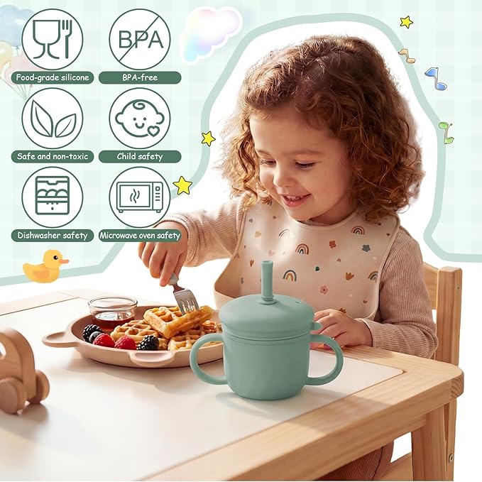 8 oz 3 in 1 Silicone Baby Sippy Cups & Snack Cups with Lid Straw for Toddlers 1-3 Spill Proof Stainless Steel Snack Containers Food Catcher for Baby Toddler Drinking Training(Dark Green)