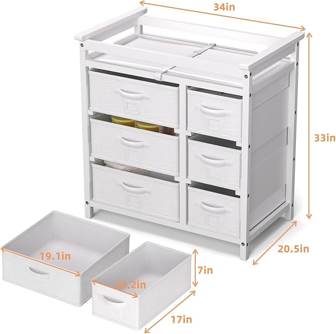 YUFU Changing Table, Nursery Dresser with 6 Storage Drawers, Safety Rails & Strap, Baby Diaper Changing Station, White