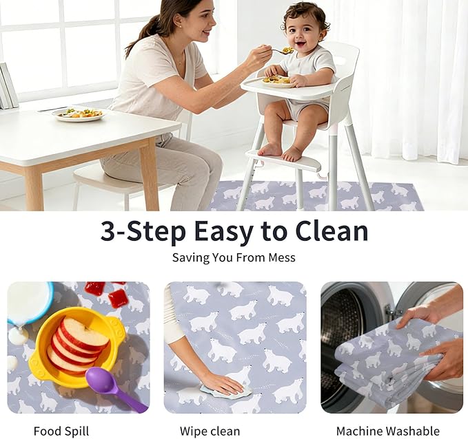 Splat Mat for Under High Chair/Arts/Crafts, Washable Baby Spill Mat Waterproof Non-Slip Floor Splash Mat, Portable Play Mat and Table Cloth (Bear, 43"x 43")
