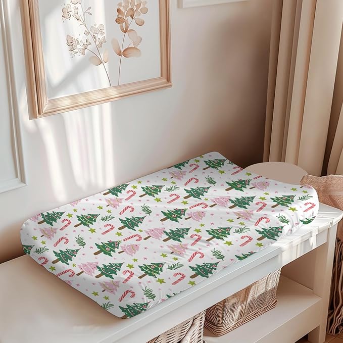 Soft 2 Pack Christmas Tree Winter Holiday Snowflake Leaf Pattern Baby Changing Pad Covers for Infant Newborn, Unisex Christmas Nursery Fitted Diaper Changing Table Pad Mat Sheets for Boys Girls-16x32