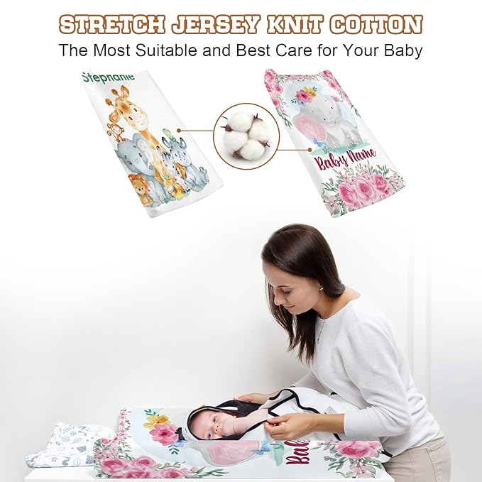 Personalized Toddler Changing Pad Cover - Custom 2 Piece Comfortable Pink Elephant Changing Pad Covers for Baby Boys and Girls, Birthday Gift for Toddlers