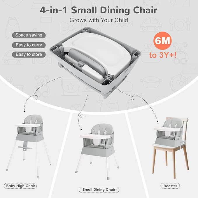 BOSEDSANG 4-in-1 Baby High Chair, Convertible Highchair for Babies and Toddlers, Portable High Chair with Foldable Design, Booster Seat for Kitchen, Dining & Outdoor Use, Easy to Clean & Storage(Grey)