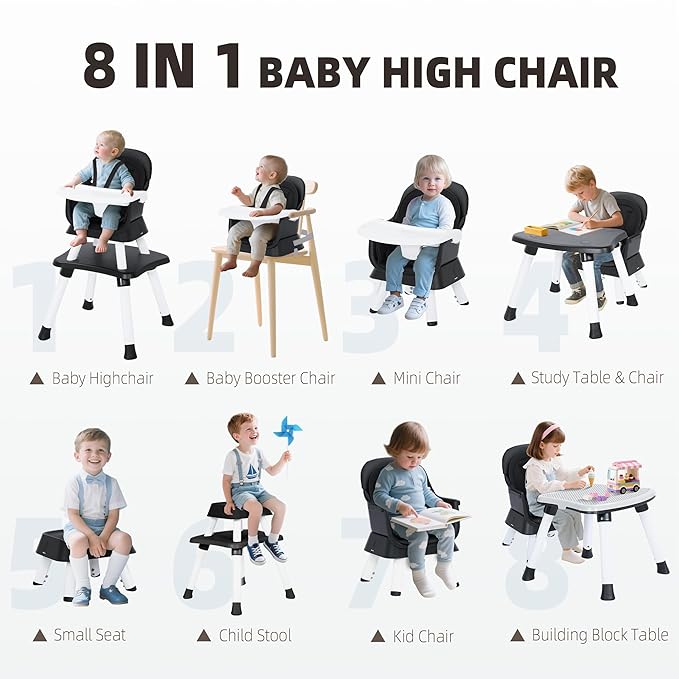 Baby High Chair, 8 in 1 Convertible Highchair, Booster Seat, Building Block/Activity Table, Stool, Feeding Chair with Dishwasher-Safe Tray, High Chairs for Babies and Toddlers (Black)