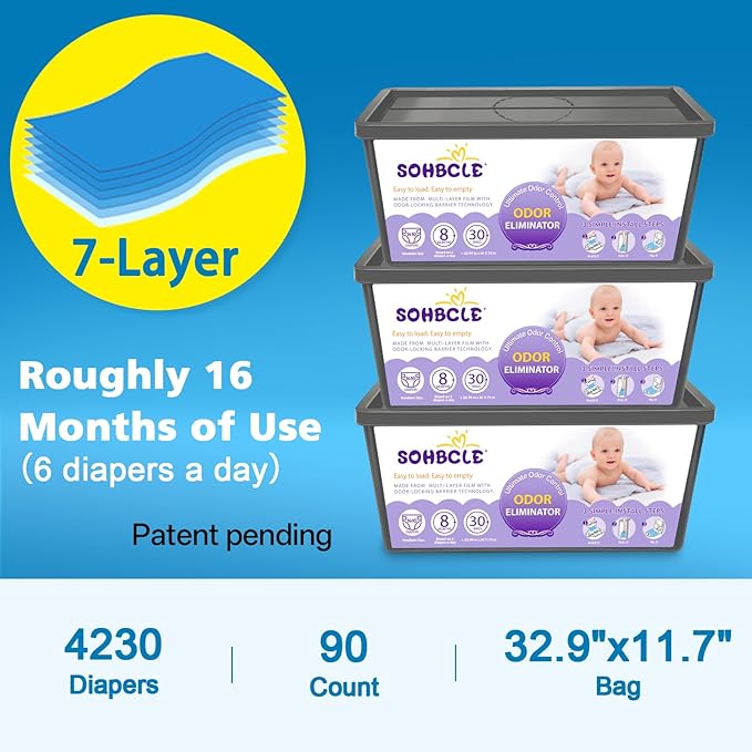 Refills Compatible with Genie Easy Roll Signature Diaper Pail and Platinum Diaper Pail, Upgraded 90 Bags Hold up to 4200 Newborn Diapers, Extra Thickness Powerful Odor Control