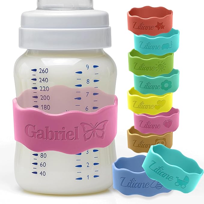Personalized Baby Bottle Labels for Daycare Custom Silicone Water Bottle Bands Engraved Customized Reusable Name Straps for Kids Girl Boy Baby Shower Gifts Pink