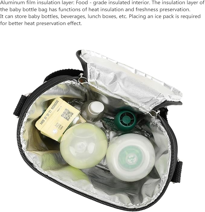Lmbabter Embroidered Bear Stroller Organizer Tote Bag, Bottle Insulation Pouch, Portable Cooler Storage Essential for Milk/Breast Pump,Baby Travel Supplies (Black)