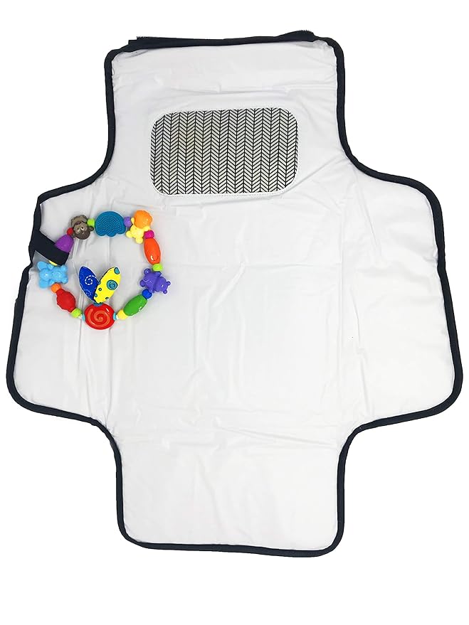 Diaper Changing Pad, Cushioned Mat with Built-in Pillow, Black with Pockets, Waterproof Travel Mat, Bonus Pacifier Pouch