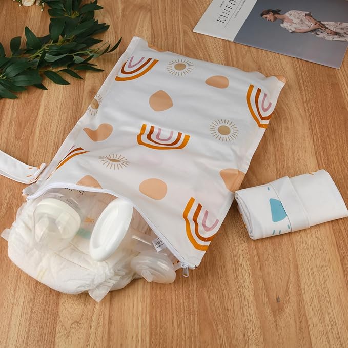 Waterproof Wet bags for Baby,Travel,Swim Suit,Cloth Diapers,Pump Parts,Pool,Beach,Gym Clothes,Toiletry,Hook to Stroller,Daycare,Zipper Reusable Wetdry Packing Pouch-Sun,Rainbow