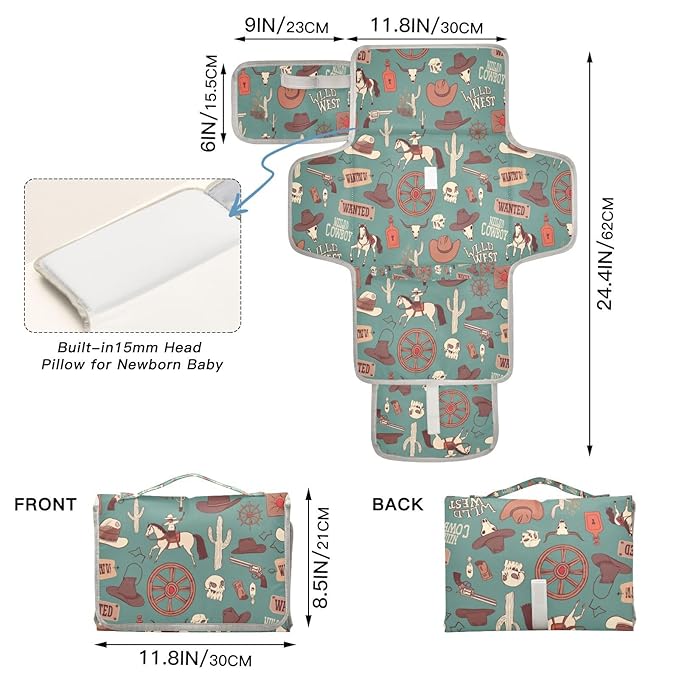Caikeny Cowboy Teal Blue Baby Portable Changing Pads Wild West Toddler Changing Mat Station Pad Reusable Diaper for Infants Baby Newborn Girls Boys