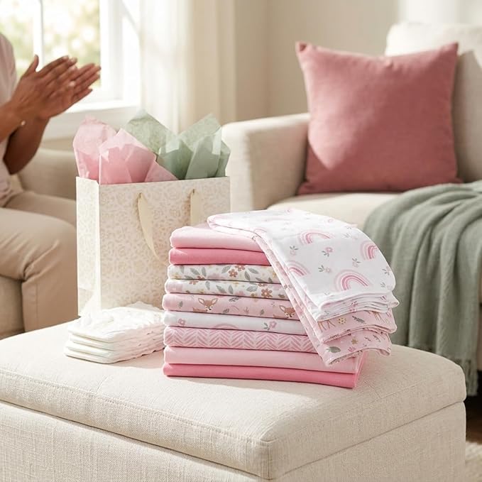 EVERYDAY KIDS 12 Pack Burp Cloths for Baby Girl; Newborn Essential with - Large Absorbent Cotton Flannel Pink Burping Cloths for Babies with Woodlands, Floral and Rainbow Prints and Solids