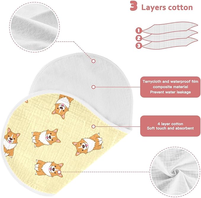 Cute Corgi Dog Pattern Muslin Burp Cloths for Baby 2 Pack Soft 100% Cotton Baby Washcloths Bibs for Boy Girl