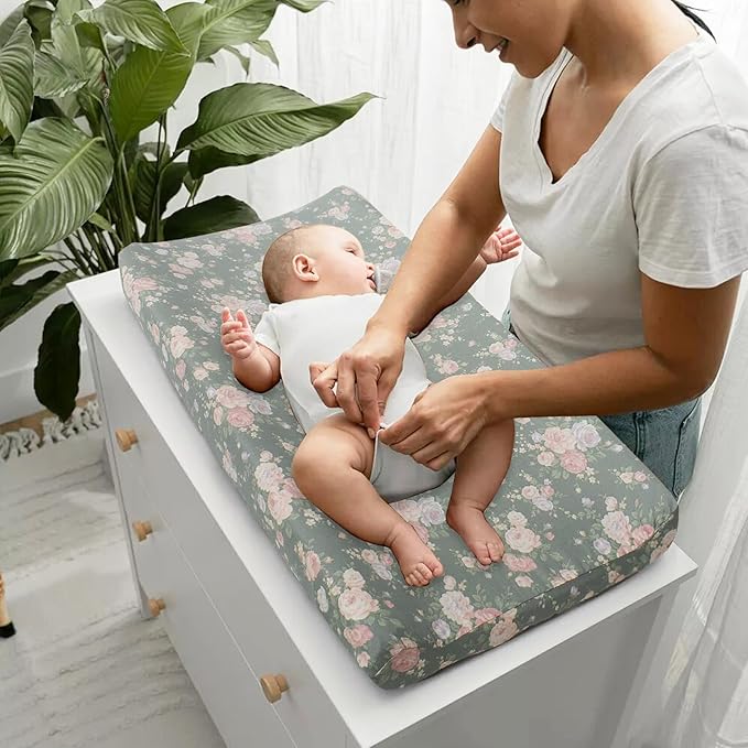 Owlowla Changing Pad Cover,Ultra Soft Cotton Changing Table Covers,Breathable&Durable Nursery Diaper Changing Pad Sheets for Baby Boys Girls(Cream&Olive Floral)