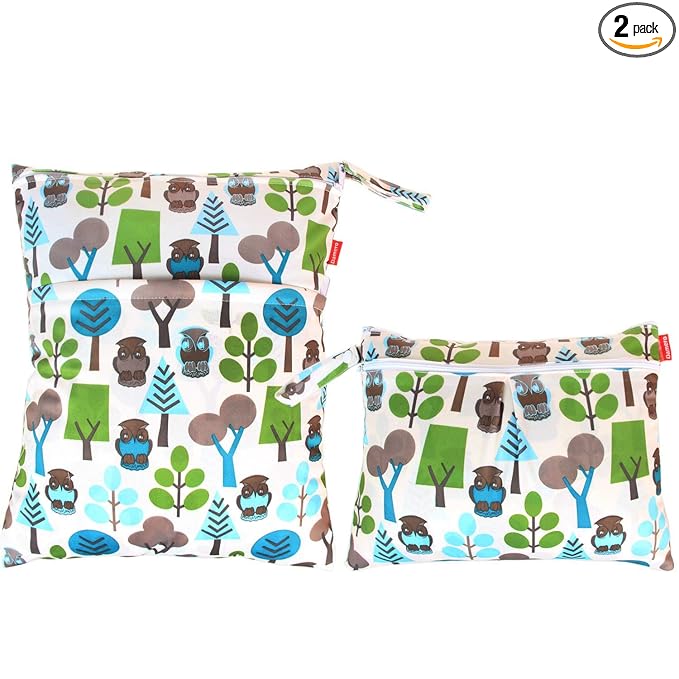Damero 2pcs Travel Wet and Dry Bag, Reusable Wet Bags Organizer with Two Zippered Pocket for Cloth Diaper, Pumping Parts, Swimsuit and Gym, Green Forest