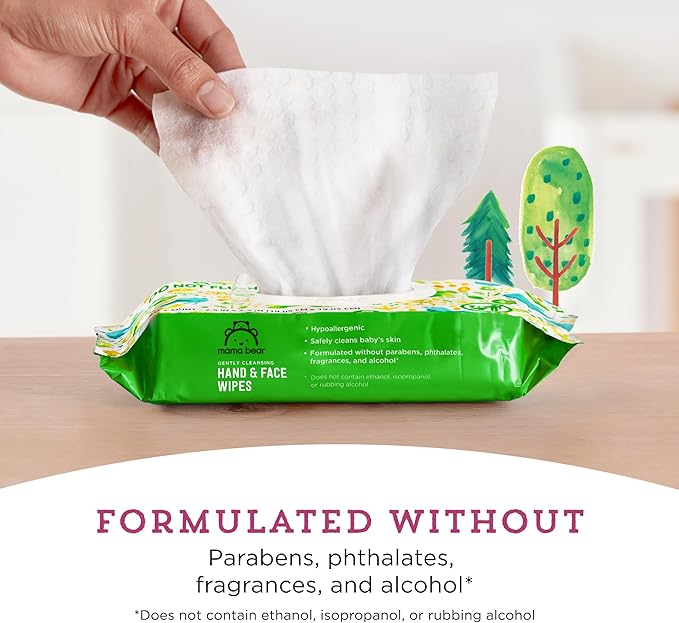 Amazon Brand - Mama Bear Baby Hand & Face Wipes, Unscented, Fragrance Free, Cleansing, Formulated without Parabens and Phthalates, 180 Count (9 Packs of 20)
