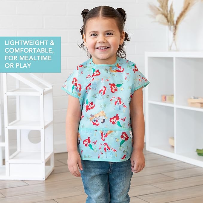Bumkins Disney Short Sleeve Bib for Girl or Boy, Toddler and Kids for 1-3 Years, Large Size, Essential Must Have for Junior Children, Eating, Mess Saving Soft Fabric Apron, Ariel and Jasmine 2-pack