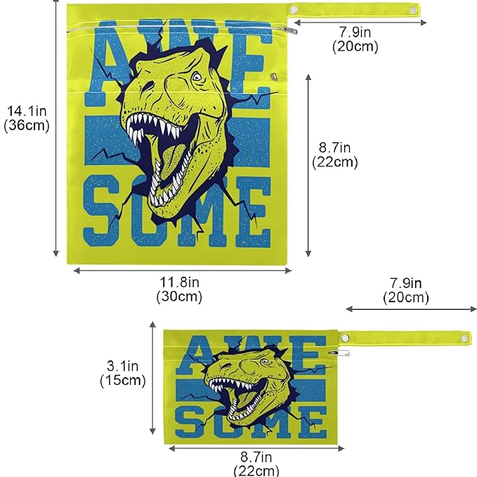 visesunny Cartoon Dinosaur 2Pcs Wet Bag with Zippered Pockets Washable Reusable Roomy for Travel,Beach,Pool,Daycare,Stroller,Diapers,Dirty Gym Clothes, Wet Swimsuits, Toiletries