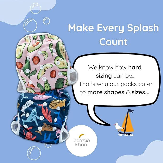 Bambio & Boo - Reusable Swim Diapers, Full Size Pack (S & L), 0-40 Months, Newborn-40lbs, Leak-Proof, Adjustable, Quick Drying for Babies & Toddlers. Ideal for Swimming Lessons (Bananas)