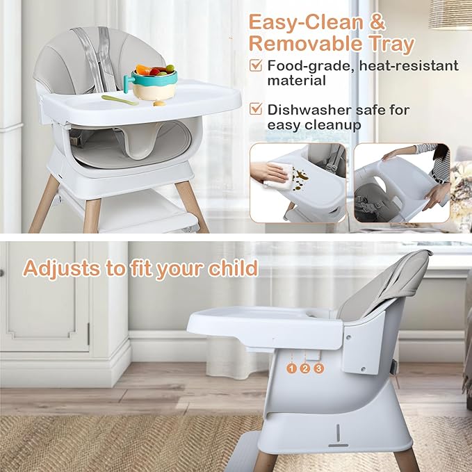 9 in 1 Convertible Baby High Chair with Booster Seat, Wooden Highchair for Babies and Toddlers with Removable Tray & 5-Point Harness, Multi-Functional Growing Seat for Feeding, Learning & Play, Gray