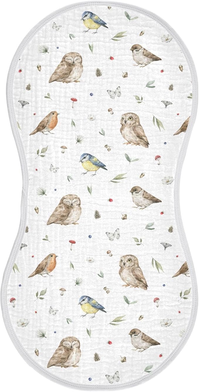 vvfelixl Muslin Burp Cloths Owl Sparrow Robin Birds Baby Washcloths for Baby Girl Boys 2 Pack White