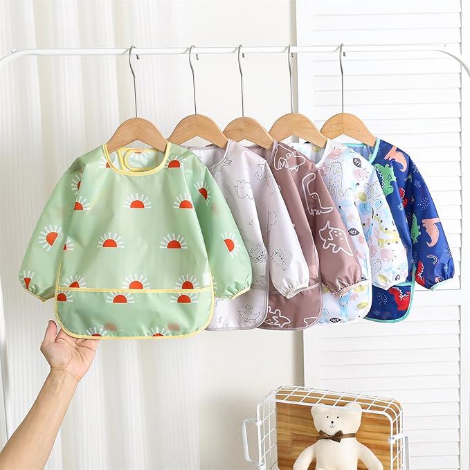 Long Sleeved Bibs,5 PCS Waterproof Wearable Bibs with Sleeves,Baby Feeding Smock 6-30 Months
