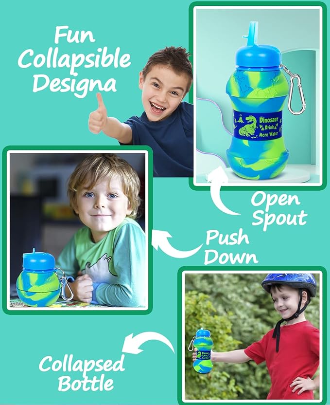 Dinosaur Water Bottle for Kids Toddler Boys 19oz 550ml Collapsible Silicone Foldable Bpa Free Leakproof Sports Water Jugs for School Sports Travel with Flip Spout Christmas Birthday Gifts Green Blue