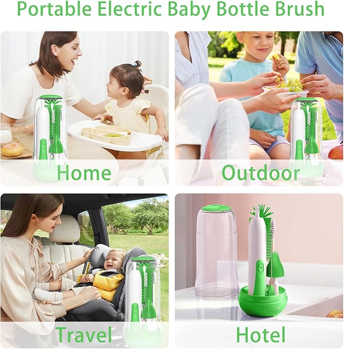 Electric Baby Bottle Brush, Rechargable Electric Bottle Brush Cleaner for Travel, Portable Baby Bottle Cleaner Brush Set with Silicone Bottle Brush, Nipple Brush, Straw Brush(Vintage Green)