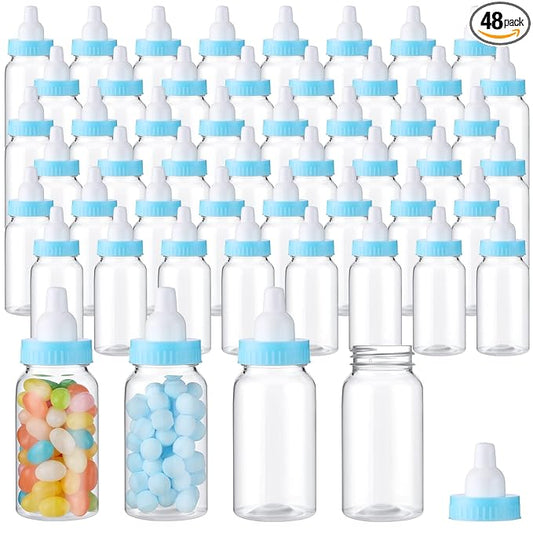 48 Pcs 4.5 Inch Baby Bottle Shower Favor Mini Plastic Candy Bottle Baby Shower Fillable Feeding Candy Box for Party Boy Girl Birthday Newborn Baptism with Removable Blue Tops