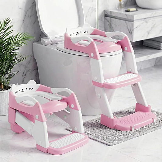 Orzbow Potty Training Seat, Toddler Toilet Seat with Step Stool Ladder, 2-in-1 Toddler Potty Training Toilet Chair for Kids Boys Girls - 5-Level Adjustable Height | Splash Guard | Anti Slip Pad, Pink
