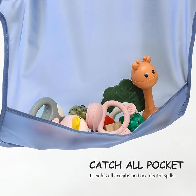 POIKSHARK 4 Pack Long Sleeve Bib, Reusable Bib with Catch-all Pocket