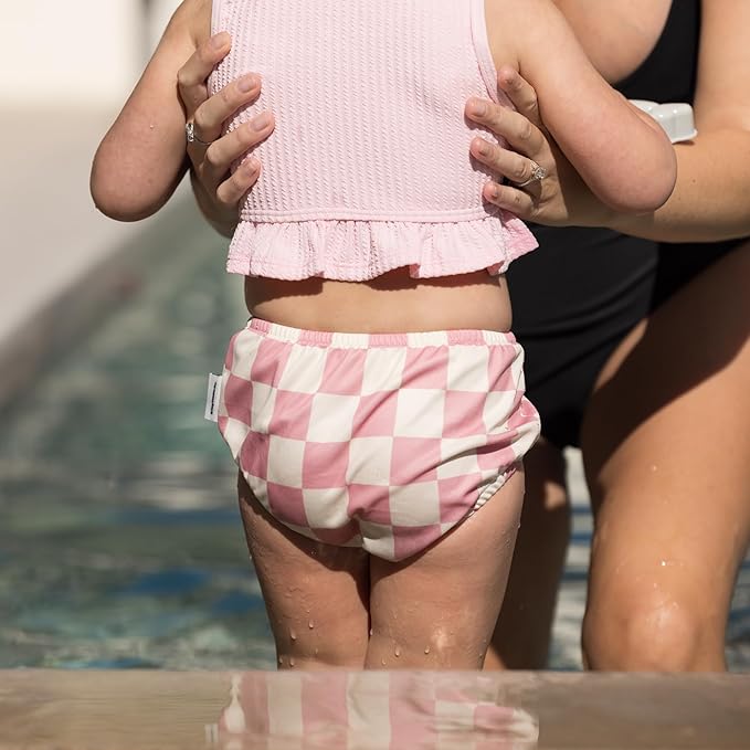Tiny Twinkle Pull-Up Reusable Swim Diapers 2-Pack | Waterproof and UPF 50+ Sun Protection | Lightweight and Absorbent | Machine Washable(Pink,Beige Checkers,0-6M)