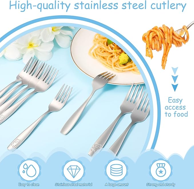Pimoys 9 Pieces Toddler Forks Kids Fork, Kids Silverware Stainless Steel Childrens Safe Flatware Metal Baby Utensils Set Small Forks for Self Feeding, Dishwasher Safe