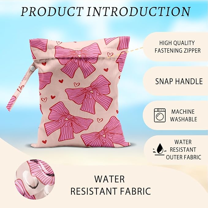 Pink Bow Wet Bags 12x10 Inch, Heart Waterproof Reusable Wet Dry Bags, Bow Tie Washable Travel Laundry Bag for Swimsuit Pool Beach Diapers Dirty Yoga Gym Clothes, Pink Gifts for Women Friend Travelers