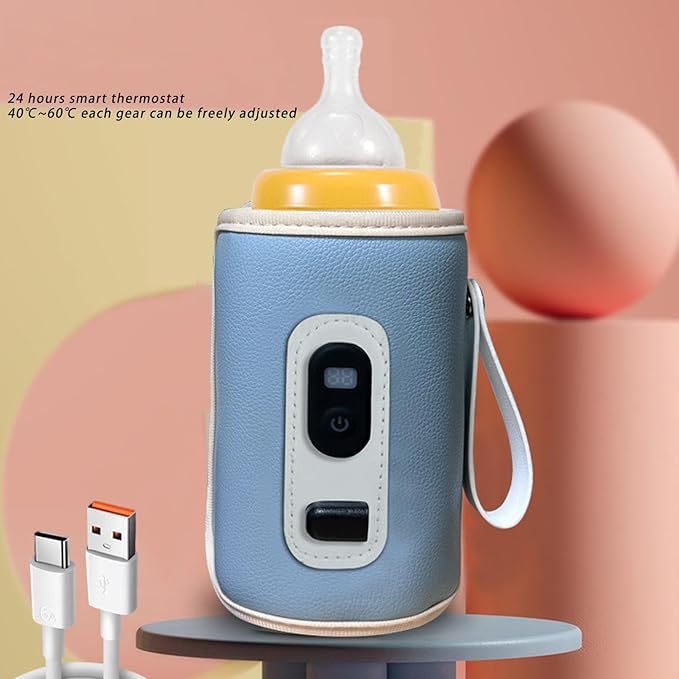 Portable Bottle Warmer,21 Speeds, Temperature Adjustable, LED Display, Car Travel,Ideal for Baby Milk, Portable Insulation Cover (Blue)