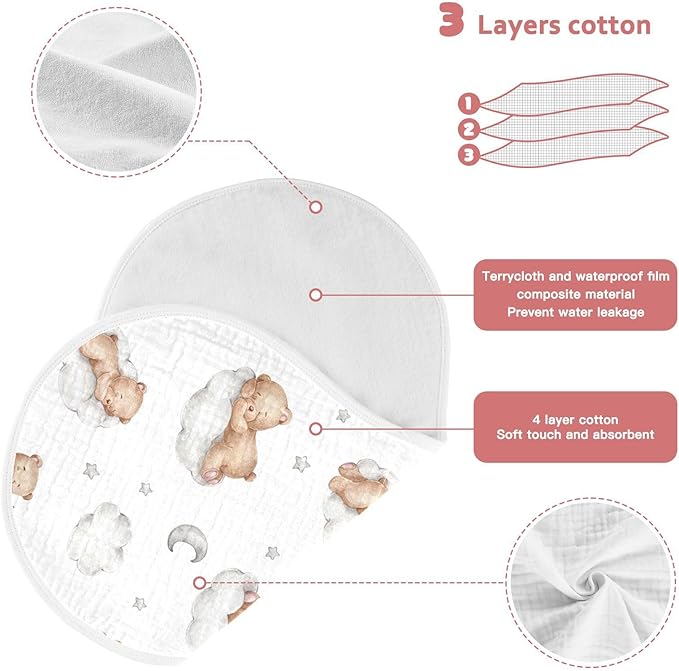 vvfelixl Muslin Burp Cloths Bears Clouds Baby Girl Boys Unisex Baby Bibs Absorbent & Soft 22 * 11IN, 2 Pack