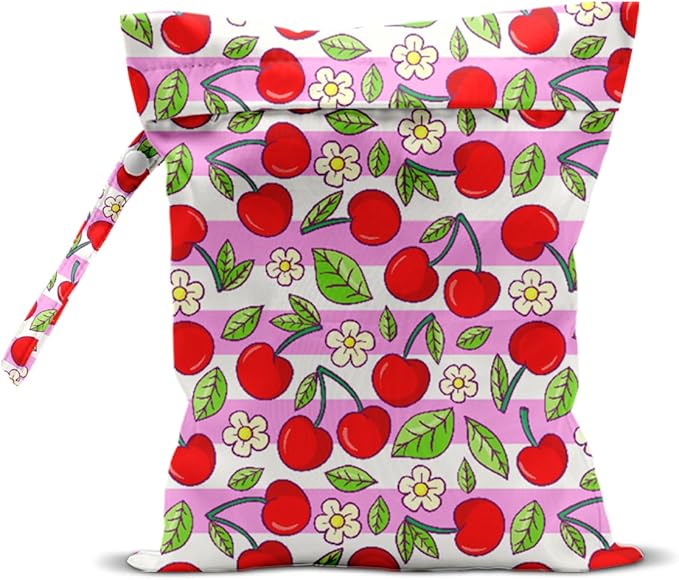 Wet Bag, Wet Dry Bag, Waterproof Swim Bags, Machine Washable Reusable Bags for Beach, Pool, Diapers, and Dirty Yoga Gym Clothes(Cherry Blossoms and Cherries, Stripe Pattern
