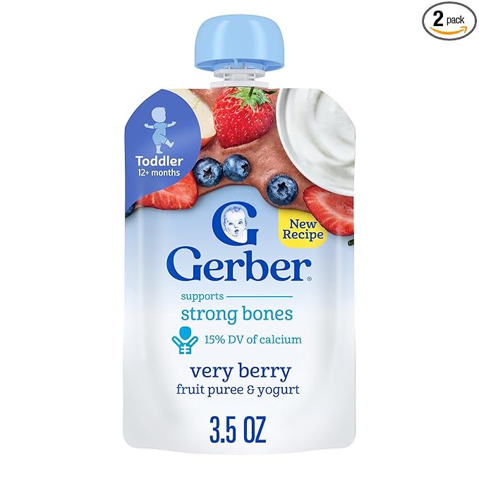 Gerber Toddler Food, Very Berry, Fruit Puree and Yogurt Pouch. No Added Sweeteners, 12PK