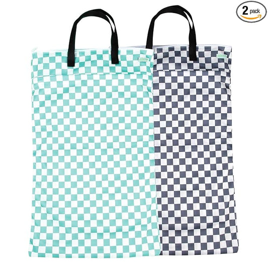 wegreeco Reusable Hanging Wet Dry Cloth Diaper Bag (Checkerboard Grey, Mint Green)