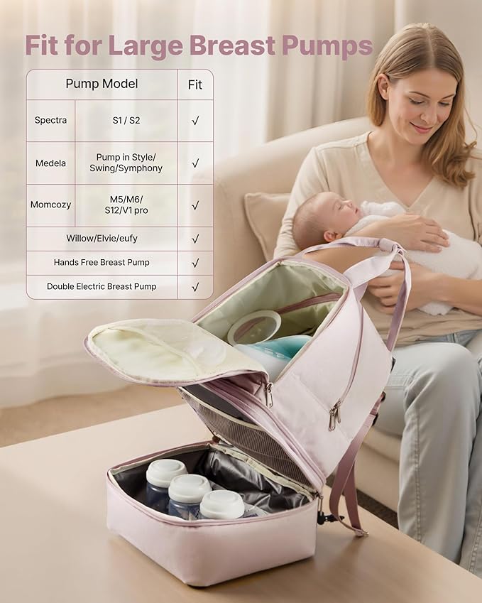 VEVOR Breast Pump Backpack, Breast Feeding Bag with Ice Pack, Compatible with Spectra S1/S2, Portable Pump Carrying Case for Breastmilk Storage, Work, Travel and Family Use, Light Pink