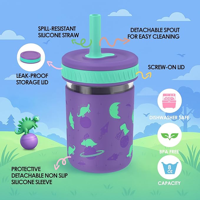 Sursip Toddler Glass Sippy Cups, Kids Baby 12 oz Spill-Proof Water Tumbler with Straw and Lids, Smoothie Snack Mason Jar For Travel School or At Home, 4 Packs