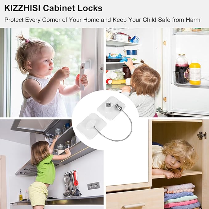 Fridge Lock (4 Pack),Refrigerator Lock with Keys,for Fridge, Cabinet Locks, Drawers, Dishwasher, Toilet and Child Safety Cabinet Locks, 3M Adhesive No Drilling (White 4pcs)
