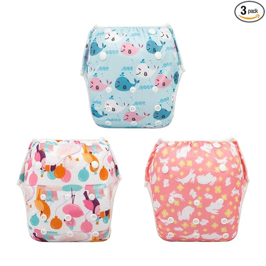 Babygoal Baby Girl and Boy Swim Diapers, Reusable Adjustable Washable One Size Fits 0-8M Baby Gifts and Swimming Lessons 3 Pack 3SD08